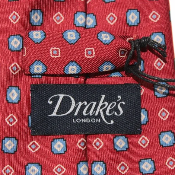 Drake's NWT Neck Tie in Red with Light Blue & White Geometric Pattern 100% Silk